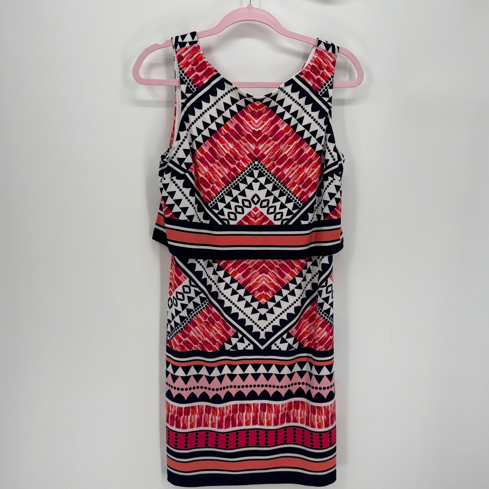 Vince Camuto Womens Geometric Tribal Popover Sheath Dress Red Navy Pink Size 10